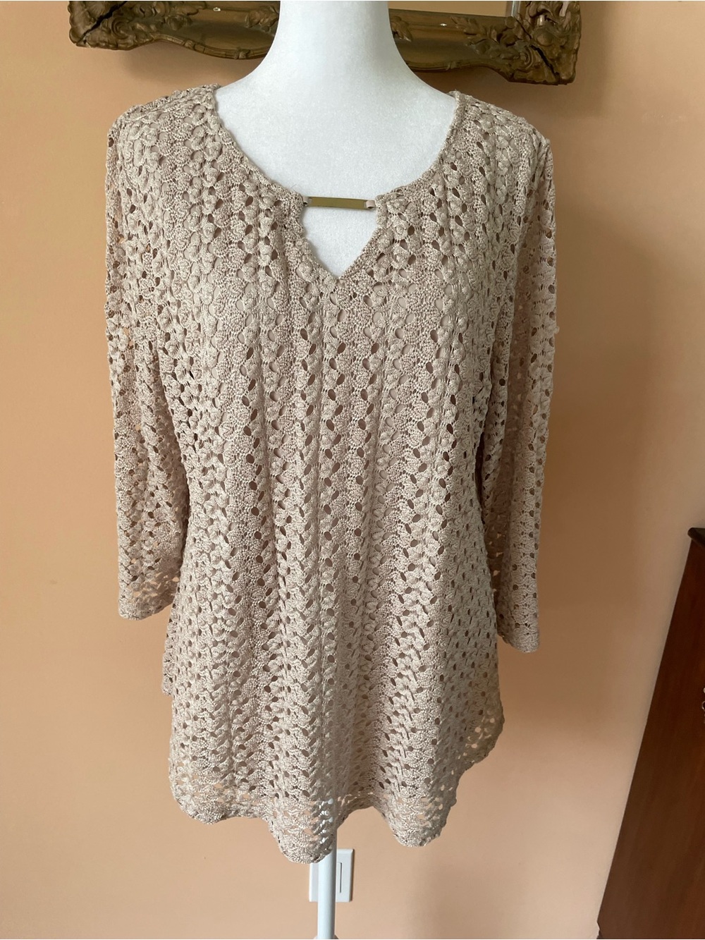 100% Textured Crochet Lined Cross Bar Accent Pullover Sweater X/L